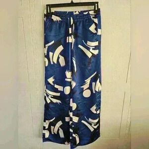 LAUREN Ralph Lauren Silky Satin Wide Leg Pull-On Pant Blue White Black S/P NWOT